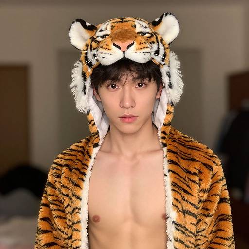 Young Asian man with fair skin, black hair, and slim build, wearing a tiger-themed hooded onesie, exposing his chest, in a blurred