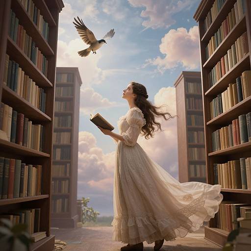 Photograph-like digital art: Long-haired woman in flowing white dress holds book, stands between towering bookshelves, bird flying above, sunlight streaming,