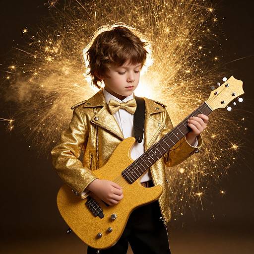 Photograph of a young boy with brown hair, wearing a gold jacket and bow tie, playing a glittering yellow electric guitar against a sparkling gold burst