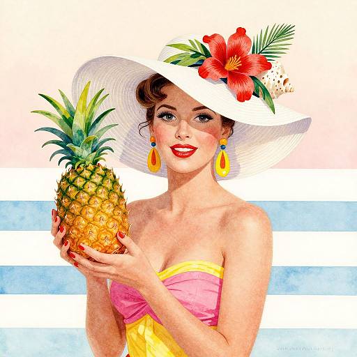 Vintage-style digital illustration of a smiling woman with red lipstick, yellow strapless dress, white hat with red flower, holding a pineapple, wearing yellow earrings