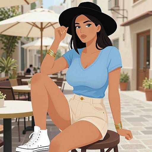 Digital illustration of a tan-skinned woman with black hair, wearing a blue V-neck top, white shorts, white sneakers, and a black hat,