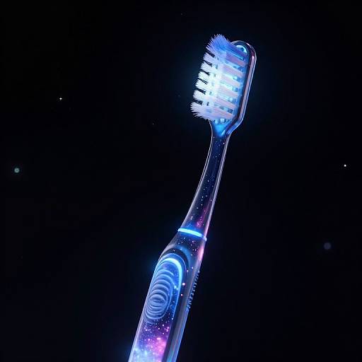 Photograph of a neon blue and purple toothbrush with glowing bristles against a dark black background, highlighting the colorful, illuminated design.