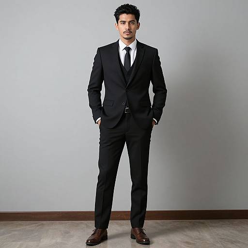 Photograph of a handsome man with short, dark hair, wearing a black suit, white shirt, black tie, and brown shoes, standing against a
