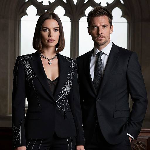 Photograph of a serious, attractive couple in black suits with white patterned accents, standing in front of gothic arched windows. Man in white
