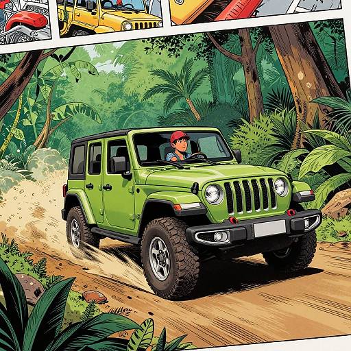 Colorful comic-style drawing of a green Jeep driven by a man in a red hat, speeding through a lush forest. Top panel shows a yellow Jeep