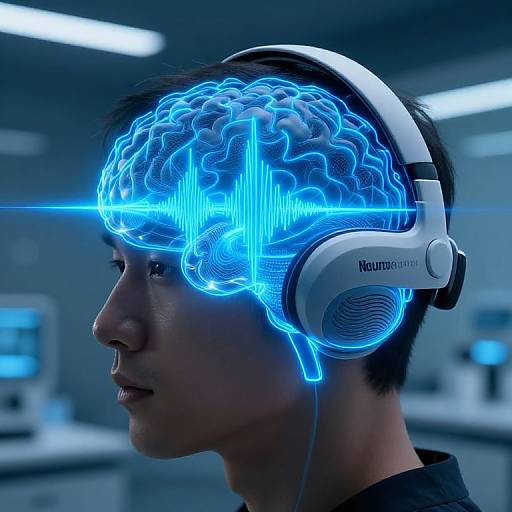 Photograph of an Asian man wearing Neuromate headphones with a glowing blue brain map overlay on his forehead in a futuristic lab.