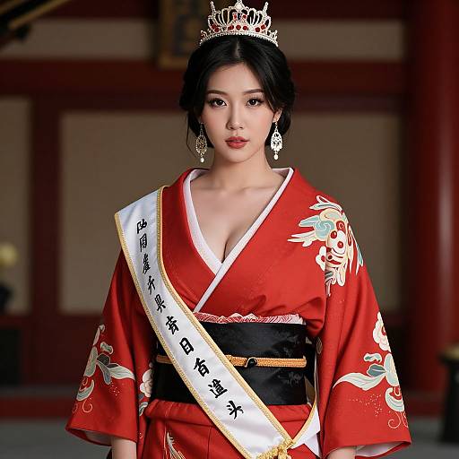 Photograph of an Asian woman in a red kimono with white floral patterns, black obi, white sash, silver tiara, and dangling