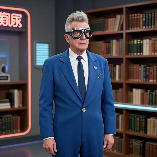 Photograph of a middle-aged man with gray hair, black-rimmed glasses, blue suit, white shirt, black tie, standing in a modern