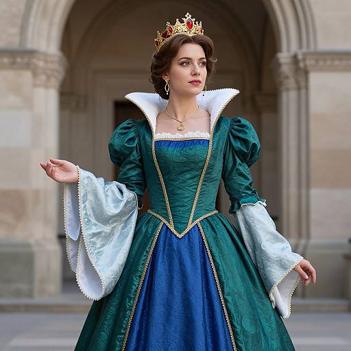 Photorealistic digital portrait of a fair-skinned woman with brown hair, wearing a green and blue Renaissance-style gown, white ruffled sleeves, gold