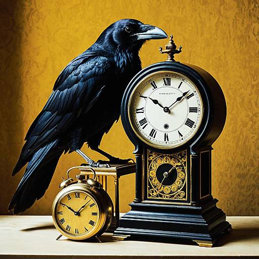 Surreal Still Life with Raven and Antique Clocks