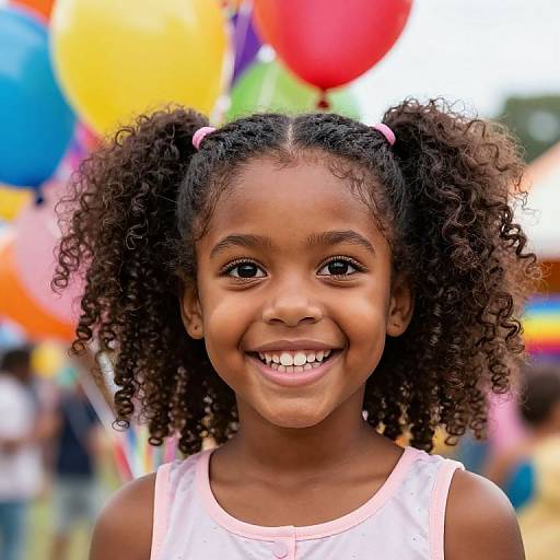 Photograph of a smiling young African-American girl with curly hair in pigtails, wearing a pink sleeveless top, against a colorful background of blurred