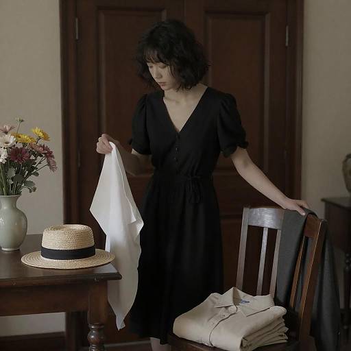 Young Woman in Black Dress with White Cloth