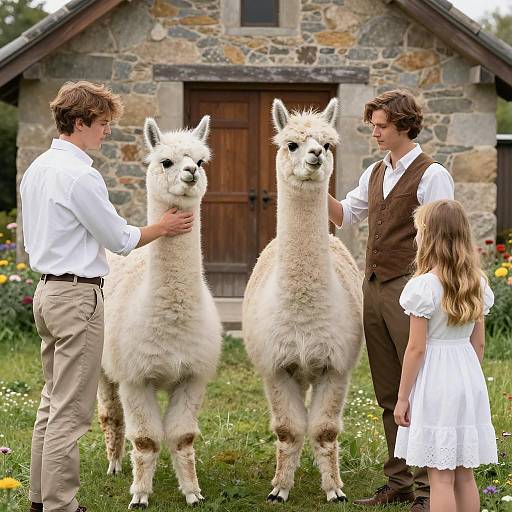 Two Men and Girl with White Llamas by Stone House