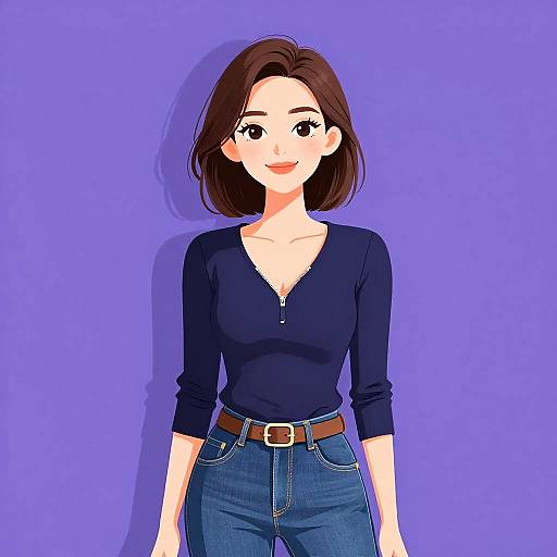 Digital anime-style illustration of a smiling woman with short brown hair, wearing a black V-neck shirt and blue jeans with a brown belt, against a solid