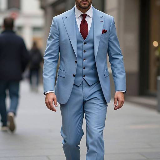 Photograph of a handsome man in a light blue three-piece suit, white shirt, and red tie, walking down a city street. Blurred background