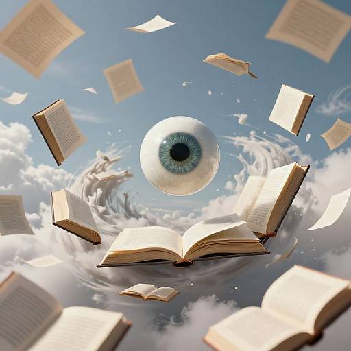 Floating Eye Above Swirling Books Vortex