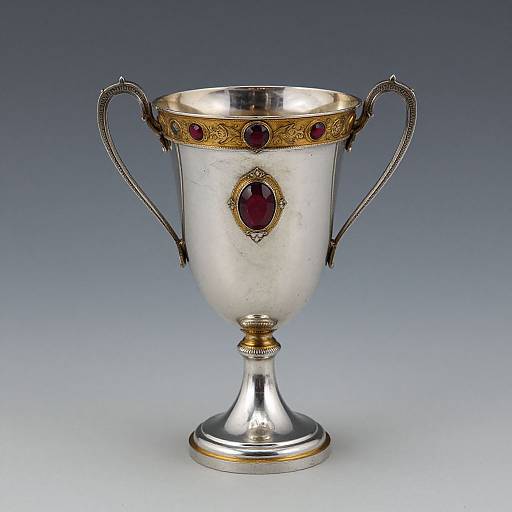 Photograph of an ornate silver trophy with gold accents, red gemstone oval center, and intricate handles, set against a gradient blue background.