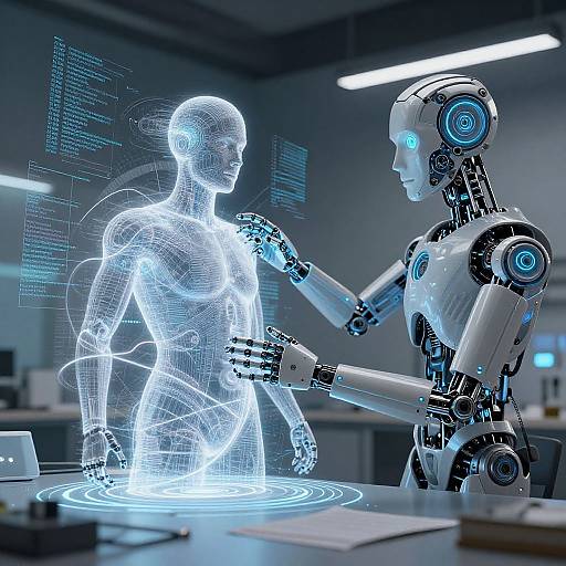 Photorealistic digital artwork of a glowing blue wireframe human and a white robotic figure in a futuristic lab, with holographic code and a laptop on