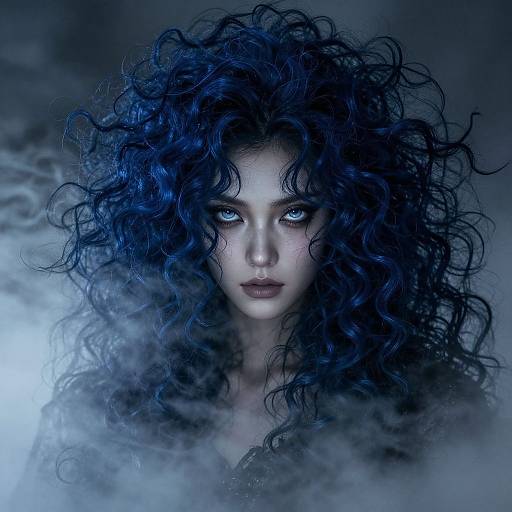 Photorealistic digital portrait of a pale-skinned woman with intense blue eyes, voluminous dark blue curly hair, and smoky background.