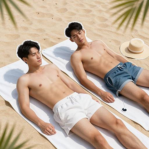 Photograph of two young, shirtless Asian men sunbathing on white towels on sandy beach, one in white shorts, one in blue, with