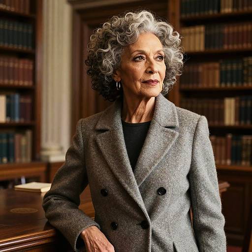 Photograph of an elderly woman with curly gray hair, wearing a gray double-breasted coat, standing in a library with wooden bookshelves in the
