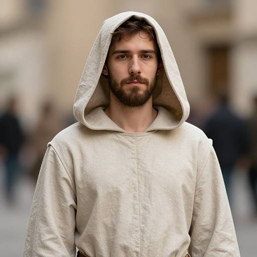 Photograph of a bearded man with brown hair, wearing a white hooded sweatshirt, standing in a blurred urban street background.