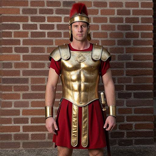 Photograph of a muscular man in ancient Roman soldier attire, wearing gold armor, red tunic, and red plume helmet, standing against a brick