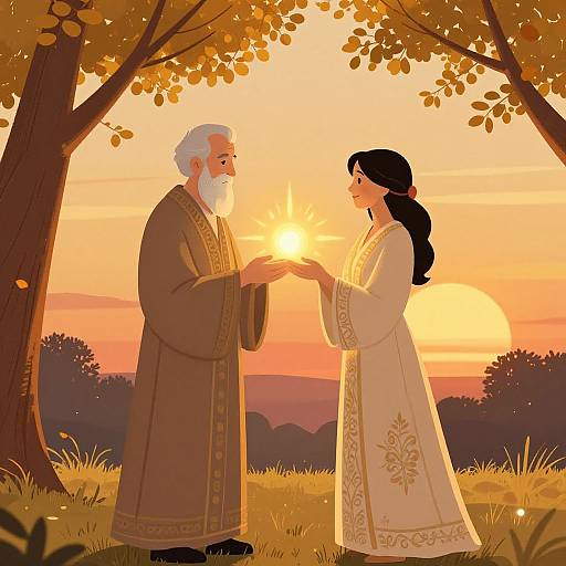Digital illustration of an elderly bearded man in a brown robe and a young woman in a white embroidered dress, holding hands under a golden sunset with trees