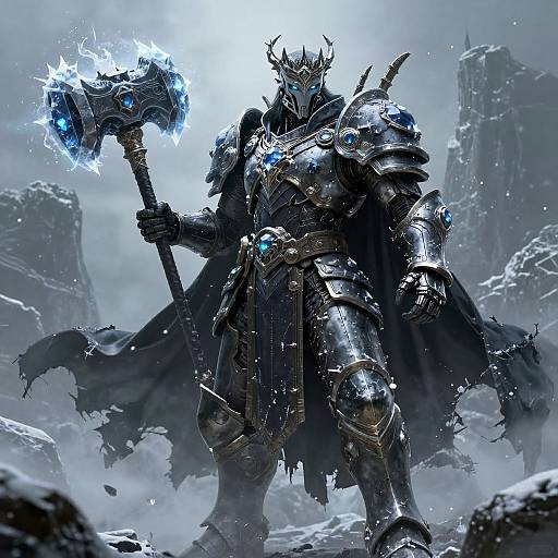 Digital artwork: Powerful armored warrior with glowing blue eyes, crown, and icy hammer, standing in a snowy, rocky, misty landscape.