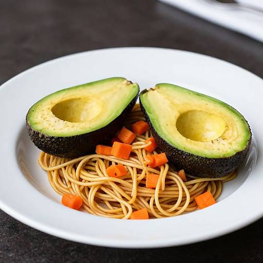 Photograph of a white plate with spaghetti noodles, diced carrots, and two halves of an avocado on a dark surface.