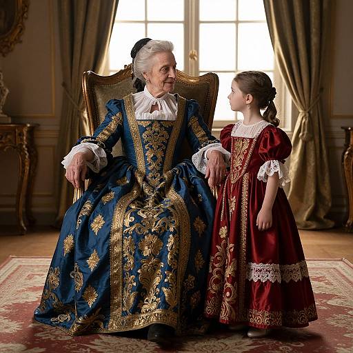 Photograph of elderly man in ornate blue and gold dress, seated, smiling at young girl in red and white dress, in elegant, sunlit