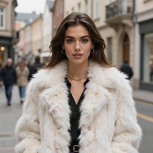 Elegant Young Woman in White Fur Coat on City Street