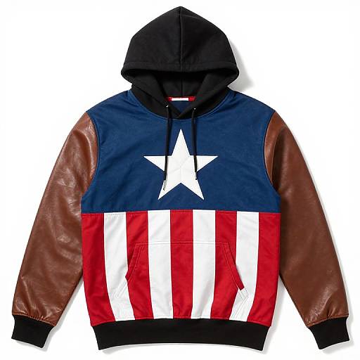 Photograph of a hoodie featuring a white star on navy blue, red and white vertical stripes, and brown leather sleeves.