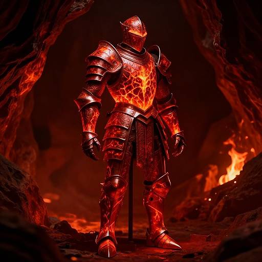 Photograph of a knight in glowing red, molten-lava-patterned armor standing in a dimly lit, fiery cave with a bright flame in