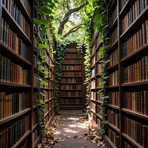 Serene Library Corridor with Vines