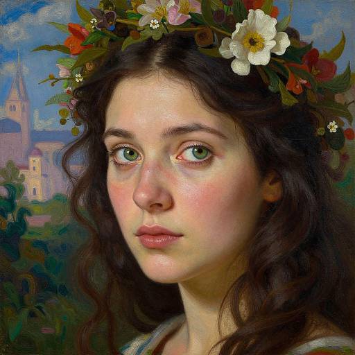 Digital painting of a fair-skinned, green-eyed young woman with wavy brown hair, wearing a floral crown, against a backdrop of a castle and