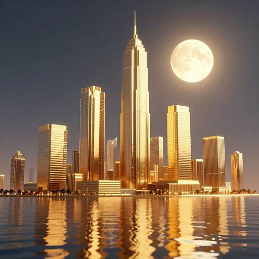 Photograph of a city skyline at sunset with a large, bright full moon, reflecting golden lights on a calm water surface.