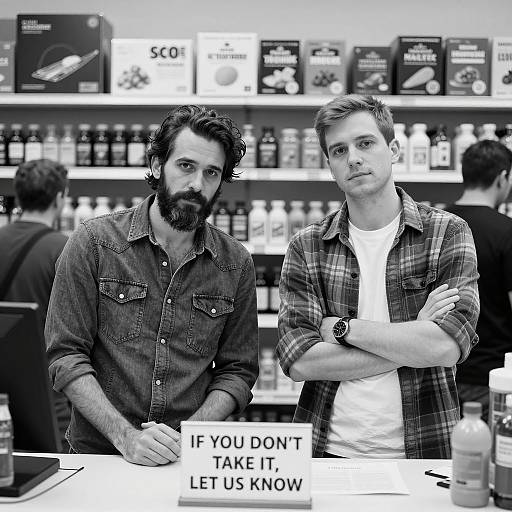 Two Men Standing at Store Counter
