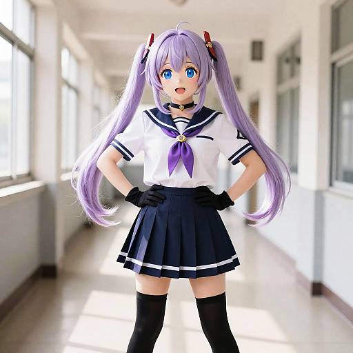 Anime Style Girl in School Uniform with Lavender Twin Tails