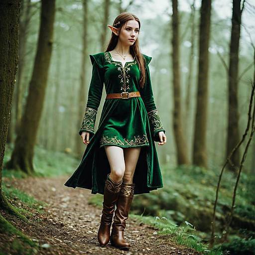 Elf Woman in Green Velvet Tunic Walking in Forest