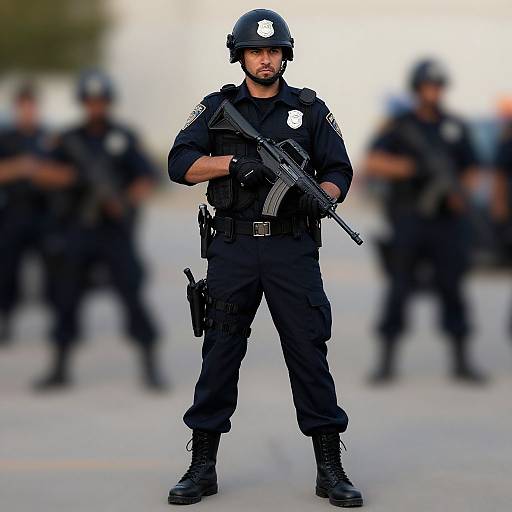 Photograph of a serious, bearded male police officer in black uniform, helmet, and holding a rifle, standing in front of blurred, similarly dressed