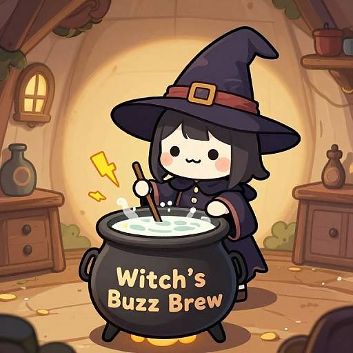 Cheerful Chibi Witch with Cauldron