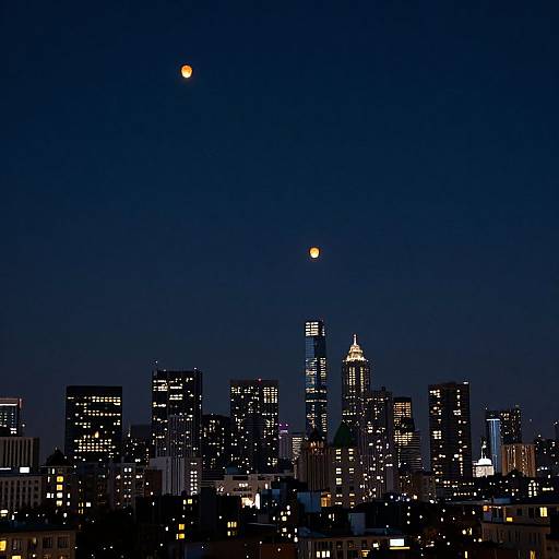 Photograph of a city skyline at night with two bright moons in a dark blue sky, illuminated skyscrapers, and scattered city lights.