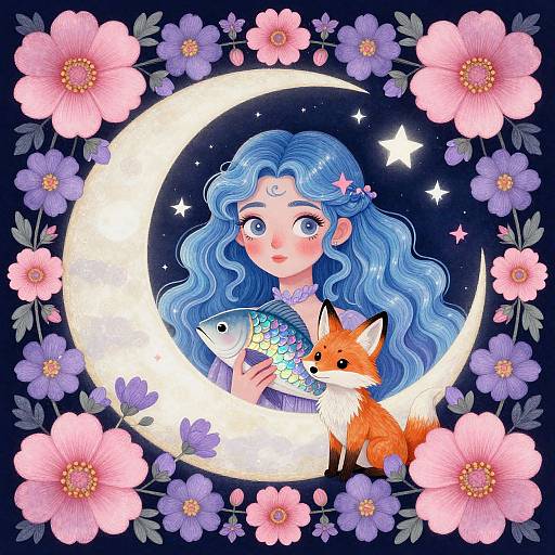 Digital illustration of a blue-haired girl with large eyes, holding a fish and fox, surrounded by pink and purple flowers, a crescent moon, and