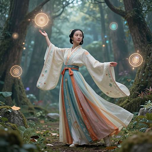 Photograph of an Asian woman in a flowing white and blue traditional Korean hanbok, surrounded by glowing magical orbs in a misty, enchanted forest