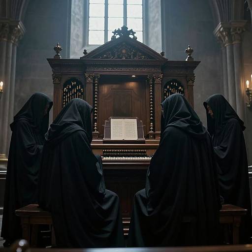 Photograph of three robed, hooded figures facing a grand, wooden altar with a large window behind, in a dimly lit, cathedral-like