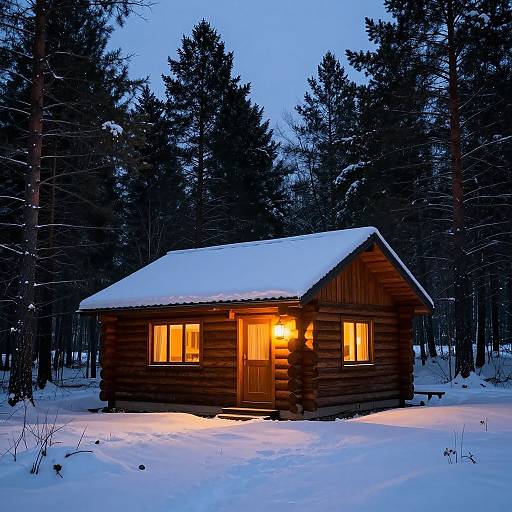 Photograph of a wooden log cabin with warm yellow lights, snow-covered roof, and surrounded by dark pine trees at twilight.