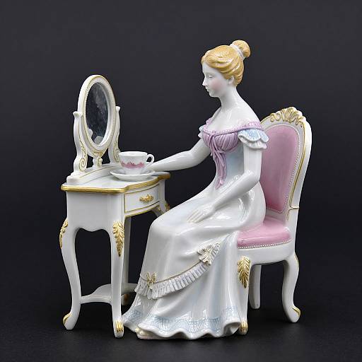 Photograph of a porcelain doll with blonde hair, white dress, and pink trim, sitting at an ornate white vanity table with gold accents, against