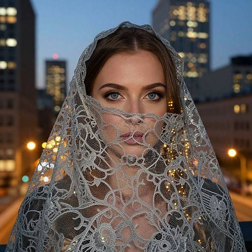 Photograph of a fair-skinned woman with blue eyes, wearing a silver lace veil, standing in an urban twilight setting with blurred city lights in the