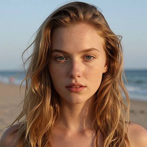 Photograph of a freckled, blue-eyed, blonde-haired young woman with wavy hair, standing on a beach, wearing a top, against